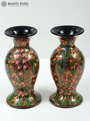 10" Colorful Hand Painted Pair of Papier Mache Vases from Kashmir | Home Decor