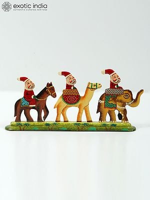 9" Hand Painted Wooden Santa Clauses Riding on Horse, Camel and Elephant | Home Decor
