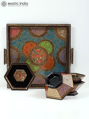 13" Superfine Tray with Four Hexagon Shaped Bowl Set | Hand-Painted | From Kashmir