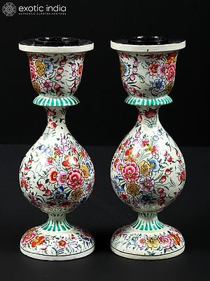 6" Pair of Hand-Painted Papier Mache Candle Holder | From Kashmir