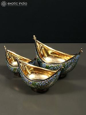 8" Hand Painted Boat Shaped Papier Mache Kashmiri Bowls (Set of 3) with Brass Inside