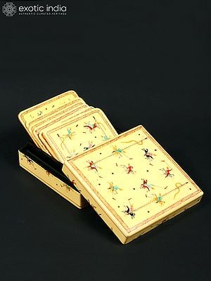 4" Square Shaped Hand Painted Polo Players Set of 6 Coasters with Box in Wood