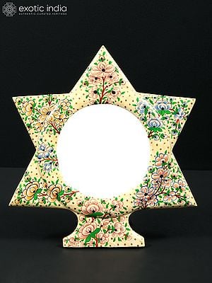 7" Star Shaped Hand Painted Wood Based Papier Mache Mirror with Stand | From Kashmir
