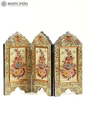 18" Floral Design Wood Based Papier Mache Three Panels Divider Screen | Hand-Painted | From Kashmir