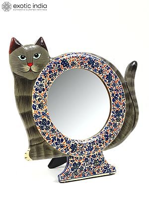 7" Wood Based Papier Mache Cat Design Mirror with Stand | Hand-Painted | From Kashmir
