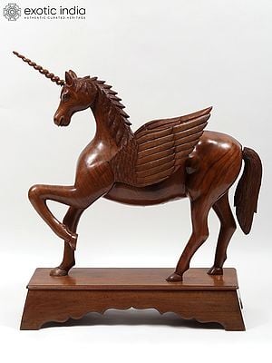 53" Large Walnut Wood Carved Unicorn Sculpture | From Kashmir