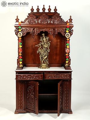 75" Large Designer Wood Carved Temple | With Doors & Drawers