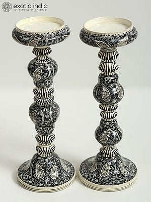 10" Pair of Wood Based Papier Mache Candle Stands | Hand Painted