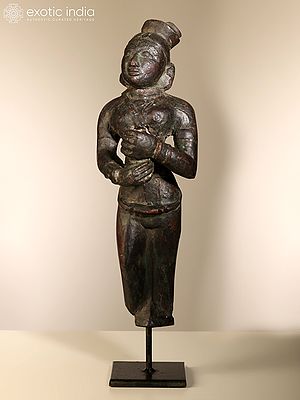 19" Wooden Standing Lady Figure on Iron Stand