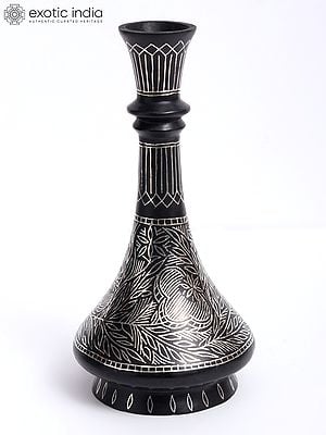 7" Leaves Design Flower Vase With Silver Work | Bidri Artwork | Gunmetal