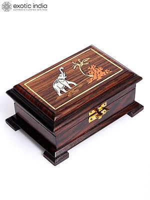 6" Wood Elephant Jewellery Box - Hand Painted Natural Color With Inlay Work