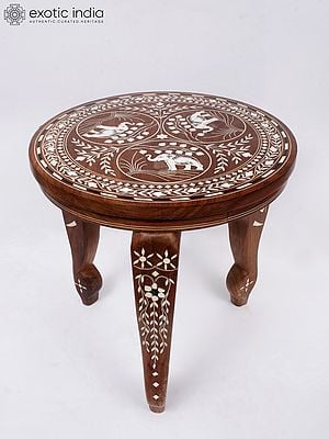 12" Wood Beautiful Elephants Round Table With Inlay Work