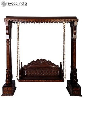 84" Large Wood Carved Designer Swing with Brass Chains | Home Decor