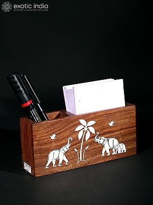 6" Elephant Design Teakwood Pen Stand | Table Decor