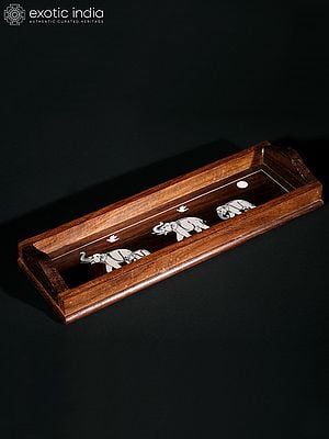 Elephant Design Inlay Art Rectangular Teakwood Tray