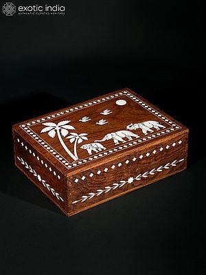 8" Elephants Under The Tree Wood Jewellery Box With Inlay Work