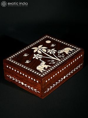 8" Elephants Wood Jewellery Box With Inlay Work