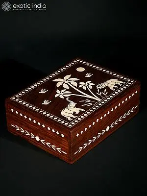 8" Elephants Wood Jewellery Box With Inlay Work