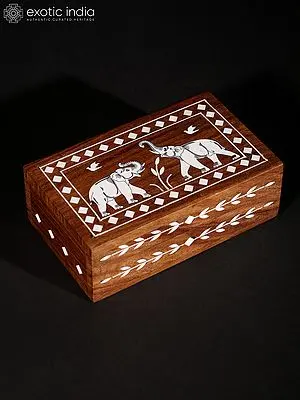 5" Roaring Elephants Wood Jewellery Box With Inlay Work