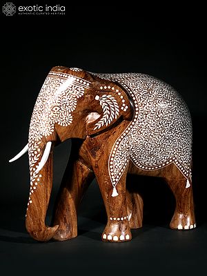 13" Wood Carved Elephant with Inlay Work | Home Decor