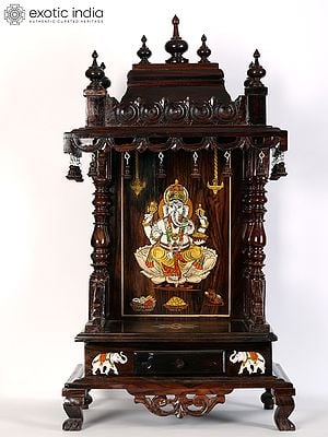 31" Wood Inlay Work Ganesha Temple With Drawer