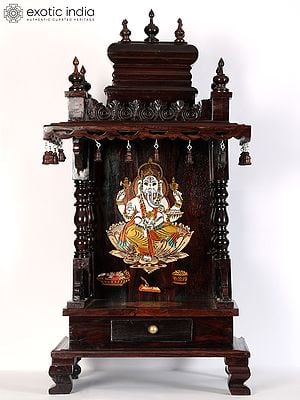 34" Large Beautiful Ganesha Temple In Wood With Inlay Work