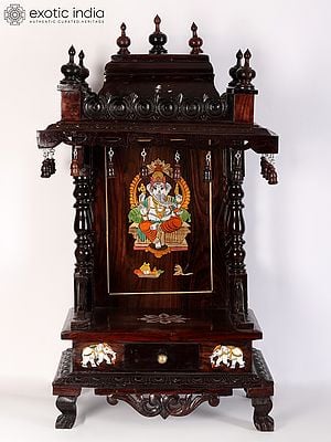 32" Large Wood Carving Ganesha Temple With Inlay Work