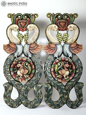36" Large Pair of Peacocks With Beautiful Long Tail | Pair of Wall Hanging Wood Panels