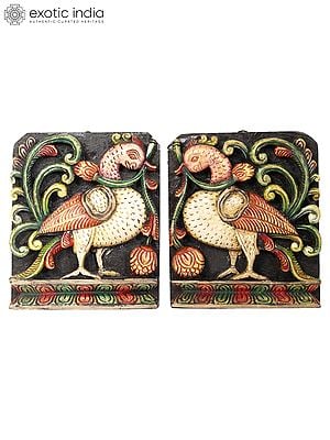 10" Pair of Wood Carved Peacock | Statue Plus Wall Hanging