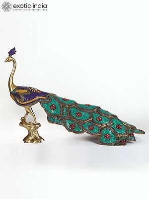 36" Large Beautiful Peacock Figure | Brass Statue with Stone Work