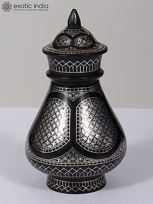 6" Small Beautiful Floral Vase With Cap | Bidri Artwork | Gunmetal With Real Silver