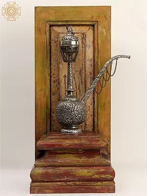 24" White Metal with Silver Finish Decorative Hookah on Wall Hanging Wood Base