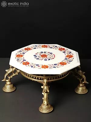15" Floral Inlay Worked White Marble Designer Chowki/Pedestal on Brass Stand