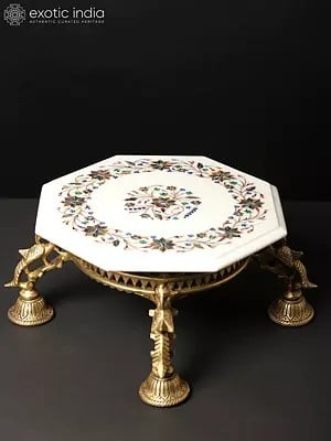 15" Octagon Shaped White Marble Designer Chowki/Pedestal with Inlay Work on Brass Stand