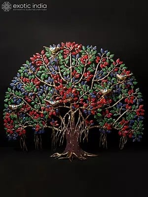 34" Large Colorful Tree of Life with Chirping Birds | Brass with Inlay Work