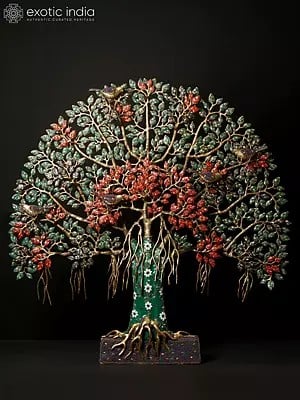 34" Large Tree of Life with Perched Birds | Brass With Inlay Work