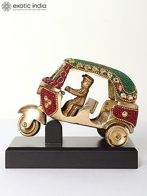 5" Small Decorative Auto-Rickshaw | Brass with Inlay Work and Wood