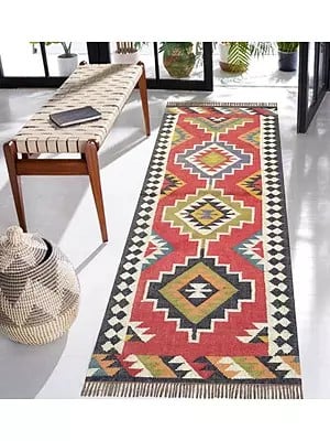 Black Border And Multicolor Wool And Jute Handicraft Floor Rug