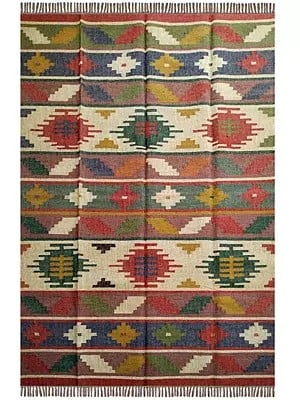 Wool-Jute Dhurrie Traditional Mix Multicolor V-Shape Style Rug