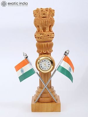 9" Wooden Ashoka Stambh with Double Flags and Clock | Table Piece
