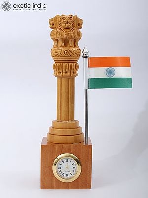 8" Wooden National Emblem with Indian Flag and Clock | Table Piece
