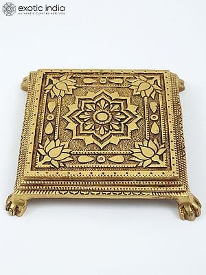 8" Square Shape Lotus Design Brass Chowki/Pedestal