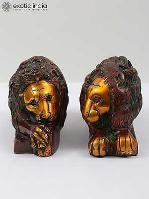 8" Pair of Brass Lion and Lioness (शेर-शेरनी)