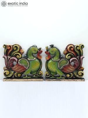 12" Pair of Peacocks Figurine for Wall Decor | Wood Carved Statue