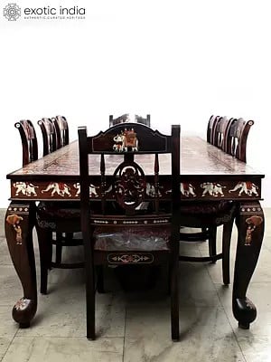 Rectangular Shape Eight-Seater Dining Table Set with Royal King Procession Inlay Work | Rosewood Furniture from Mysore