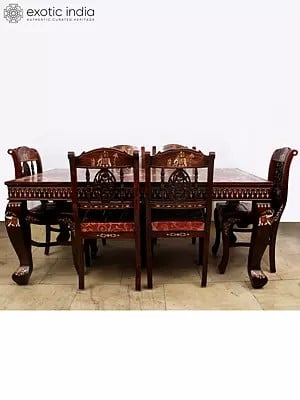 Rectangular Shape Six-Seater Shahi Dining Table Set in Rosewood with Inlay Work