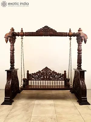 94" Large Wood Carved Designer Swing with Brass Chains