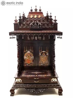 61" Large Designer Rosewood Temple with Tirupati Balaji (Venkateshvara) with Padmavati Inlay Work