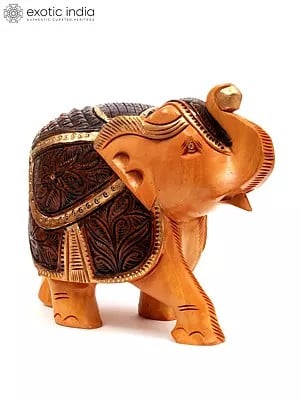 7" Decorative Elephant with Upraised Trunk | Shivani Wood Statue