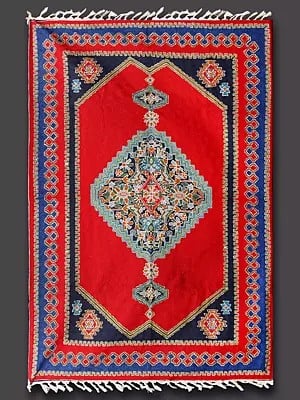 Mars-Red & Blue Chain Stitched Silk Asana Carpet from Kashmir